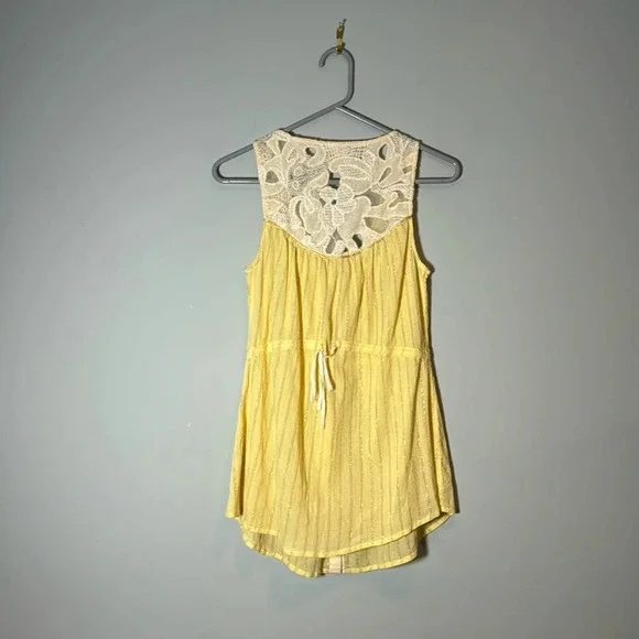 Free People yellow cotton crepe gold metallic stripe button tank top lace sz XS - Picture 3 of 6